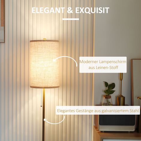 Lampadaire design en métal avec abat-jour textile, luminaire salon, interrupteur à tirage, couleur or et blanc (1/4)