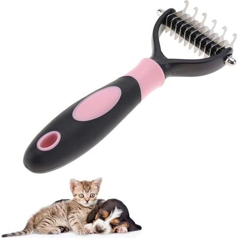 Peigne démêlant professionnel en acier inoxydable pour le toilettage des animaux de compagnie, avec râteau à sous-poil double face pour chats et chiens (rose). (1/5)