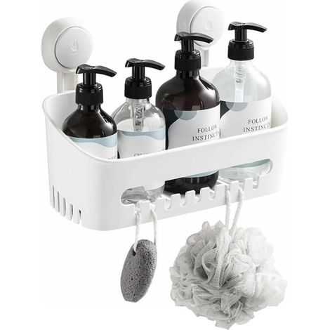 Étagère de Douche Sans Perçage avec Ventouses  Rangement et Organisation de la Salle de Bain  Plastique Imperméable  Facile à Installer & Robuste  Blanc (1/5)