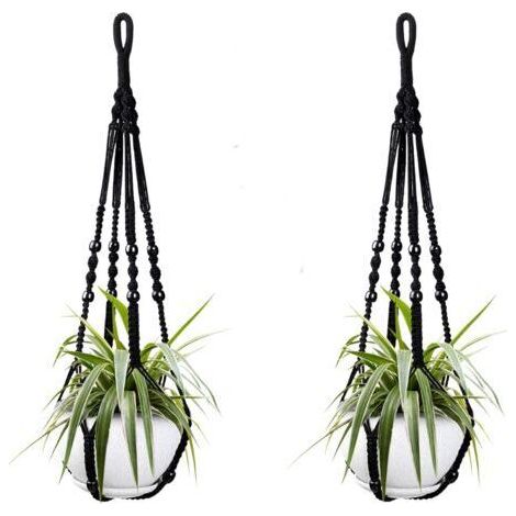 Deux paniers suspendus en corde de coton noir pour plantes d'intérieur, de 98 cm chacun, ornés de perles en bois. Crochets non inclus.