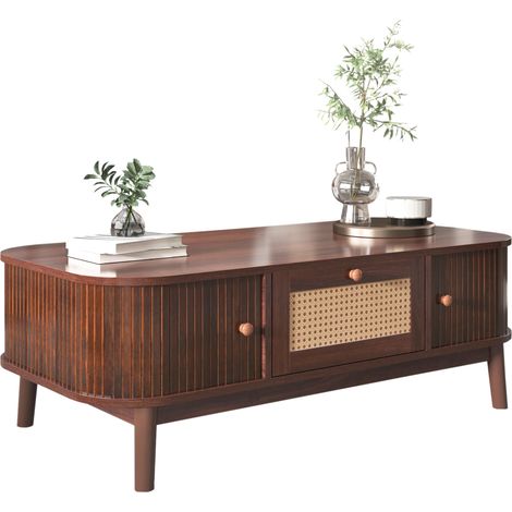 Couchtisch - Rattan-Kaffeetisch, Schubladen mit Rattan und Schiebetüren mit Massivholzlatten, Massivholzbeine, Natürlicher Landhausstil. (1/5)