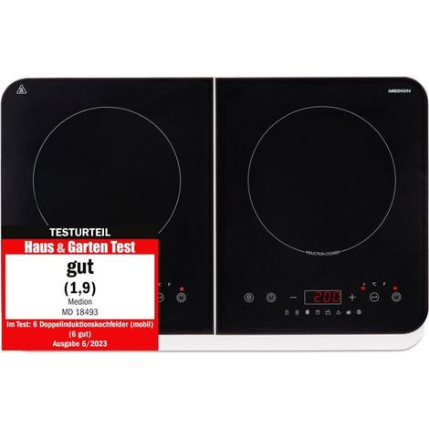 Plaque Induction Posable - MEDION MD18493 - 2 Foyers - 3500W - 60/240°C - 8 Programmes - L 59 x P 36 x H 6 cm - Blanc/Noir (1/4)