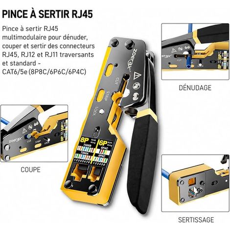 Kit d'outils réseau RJ45, pince à sertir, testeur RJ45, outil pour poinçonner 110/88, pince à dénuder, cutter, connecteurs traversants Cat6 et embouts (1/4)