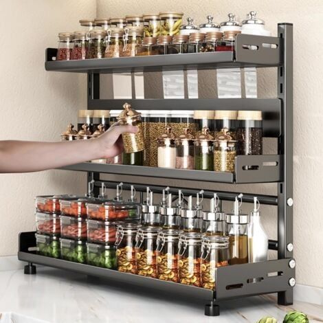 Étagère de rangement multifonctionnelle à trois niveaux, étagère à épices réglable de 30 cm avec protège-couteau, adaptée à la cuisine (1/5)