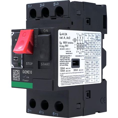 Motor Circuit Breaker 400V Motor Protection Circuit Breaker 690V 4-6.3A 3P Button Control Type Motor Circuit Breaker Shock Rated Voltage 6KV Rail Mount (GV2ME10 Black) (1/5)