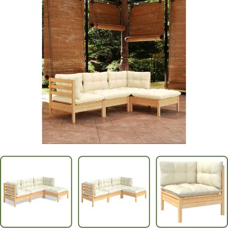 Canapé extérieur - Salon de jardin 4 pcs avec coussins crème Bois de pin (1/5)
