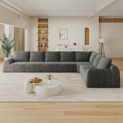 Canapé d'angle panoramique, Grand canapé modulaire de salon sans montage, Mousse haute résilience et tissu chenille 7 places 401x267x85cm, Gris foncé (1/5)