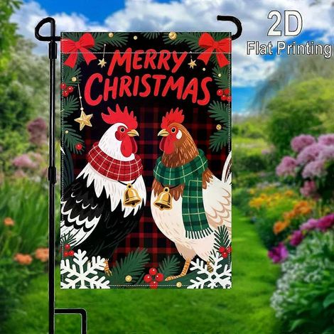 Impression 2D à plat, 1 pièce, drapeau de jardin double face (30 x 45 cm), coq et poule avec l'inscription « JOYEUX NOËL » - Décoration extérieure (1/5)