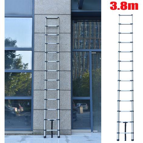 12.5FT Échelle télescopique de 3,8 m en acier inoxydable de haute qualité, 13 marches, échelle à coulisse, échelle pliante antidérapante, escabeau, échelle polyvalente Capacité de charge jusqu'à 150 k