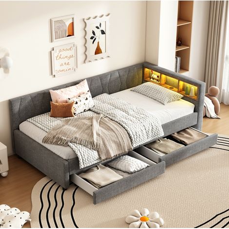 Letto bambini 90x200 cm, divano letto con vano portaoggetti, porte USB-Type-C, illuminazione LED e 2 cassetti, in lino, senza materasso, grigio (1/5)