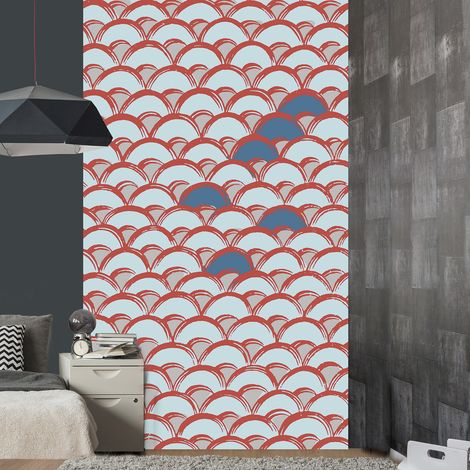 Papier peint intissé panoramique 250x150cm, motif éventail, rouge/bleu clair/bleu foncé - Décorez votre intérieur avec style (1/2)
