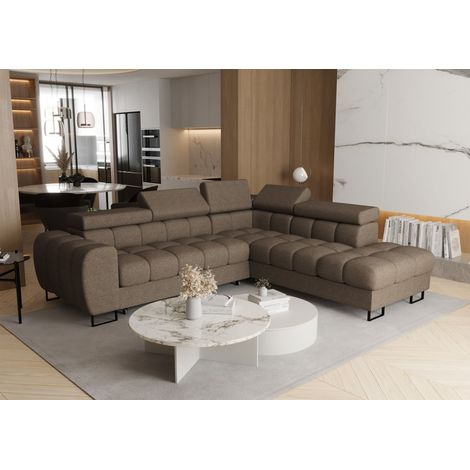 Ecksofa Schlafsofa BASTIEN MAX in Stoff Primo Braun Ottomane Rechts