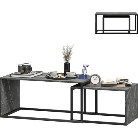 Tables basses gigognes encastrables design industriel métal noir effet marbre gris foncé lot de 2