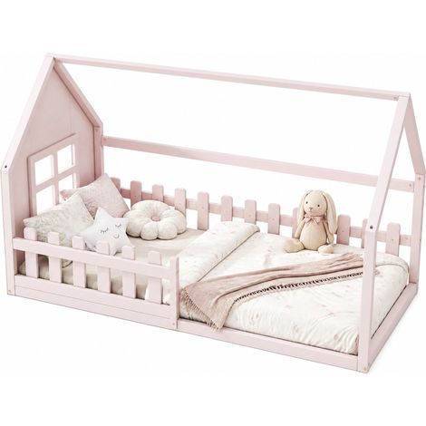 Lit cabane enfant 90 x 200 cm rose, cadre en bois et MDF, design maison ludique pour chambre d'enfant, montage facile, de CHICFURN (1/5)