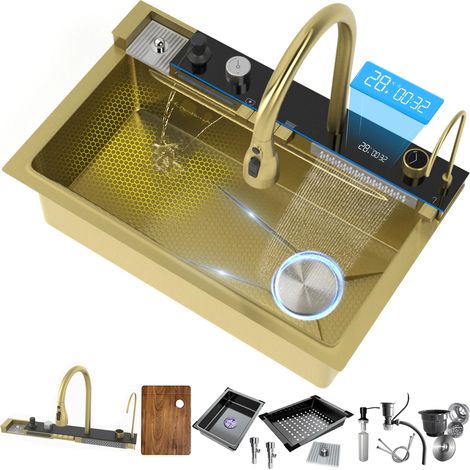 Küchenspüle aus Edelstahl 304, große, multifunktionale Einzelspüle mit Wasserfallauslauf, zum Waschen von Gemüse und Geschirr – TELISIYA – 80 x 46 cm