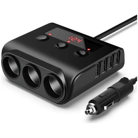 Cargador de coche de 12 V, capacidad de remolque, tres tomas de mechero, 4 puertos USB, pantalla LED de voltaje en tiempo real.