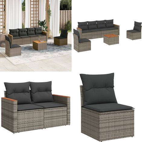7-tlg. Garten-Sofagarnitur mit Kissen Grau Poly Rattan - Gartensorte - Gartenmöbelset - Lounge Set - Outdoor Furniture - Rattan Gartenmöbel - Home & Living (1/5)