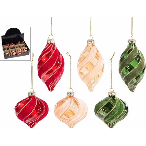 Palline di Natale colorate in vetro sagomato con decoro in velluto da appendere all'albero, set da 12 pezzi, Ø 6,5 cm x 12 H