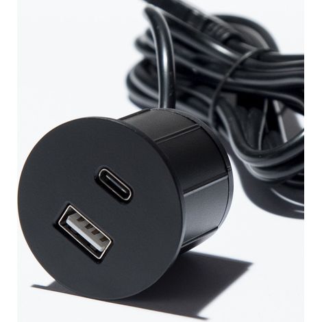 Prise encastrable chargeur 2X USB A/C diamètre 30 mm Noir en Alu