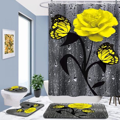 4-teiliges Duschvorhang-Set fürs Badezimmer, Duschvorhang-Set mit roten Rosen zum Valentinstag, inklusive Fußmatten (Badewannenmatte, U-förmige Matte und Toilettensitzbezug) und 12 Haken.