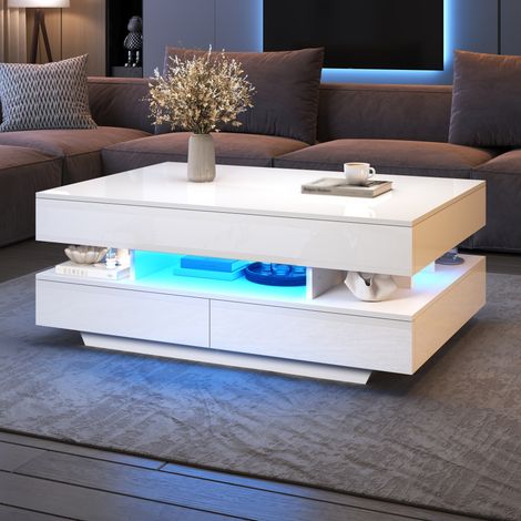 Table basse relevable LED 100 x 50 x 45 cm hauteur 58,5 cm rangement tiroirs blanc brillant charge 50 kg salon moderne chic (1/5)