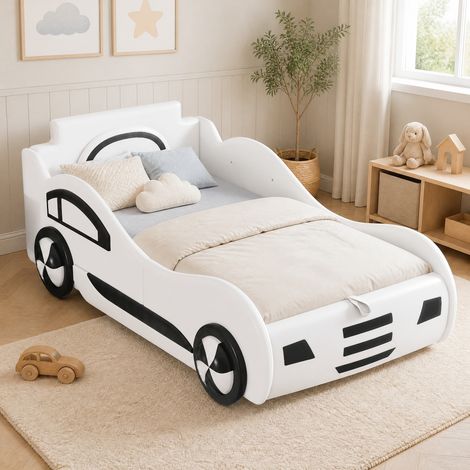 Letto per bambini a forma di auto 90x200 cm, in MDF e PU bianco, con testiera finestrino, rete a doghe e vano contenitore (1/5)