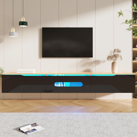 Tanant – Meuble TV suspendu 180 cm – Finition brillante – Éclairage LED 16 couleurs – Charnières Soft-Clean – Noir et bois naturel