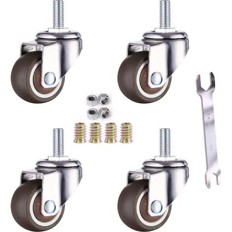 4 roulettes pivotantes pour meubles M6 x 15 mm avec filetage de 32 mm, en caoutchouc souple TPE. (1/4)