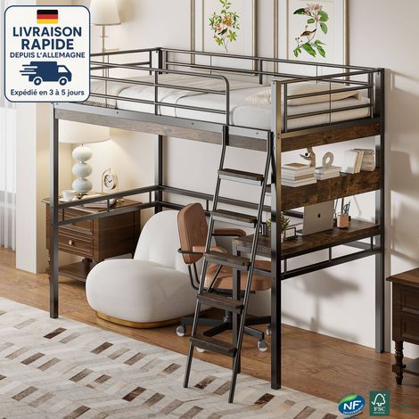 Lit mezzanine 90x200cm, lit enfant avec bureau, sans matelas, cadre de lit en métal, noir (1/5)