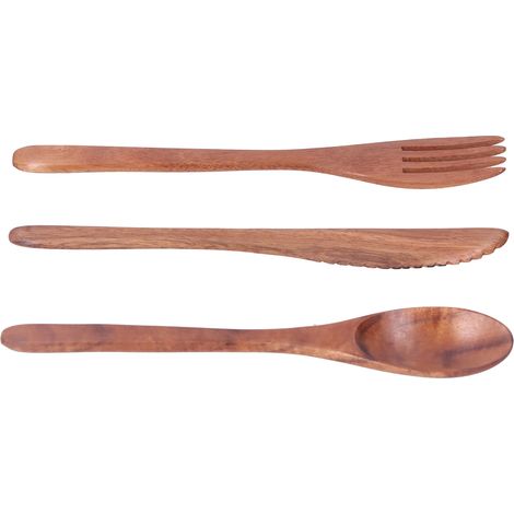 Ensemble de couverts en bois 3 pièces - Fourchette, couteau, cuillère portable pour cuisine et pique-nique