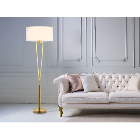 Klassische Stehlampe Messing & Stoff Lampenschirm Weiß mit E27 LED, Höhe 160cm (1/5)