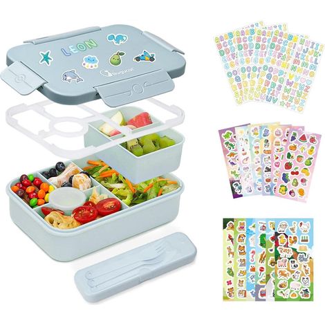 Brotdose Kinder auslaufsicher 1300ml Besteckset Bento 6 Fächern blau (1/5)