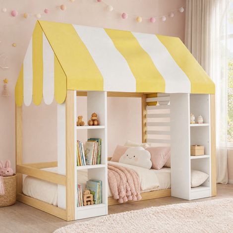 Lit mezzanine enfant 90 x 200 cm avec baldaquin et rangement ouvert, bois/blanc HAVRYA (1/5)