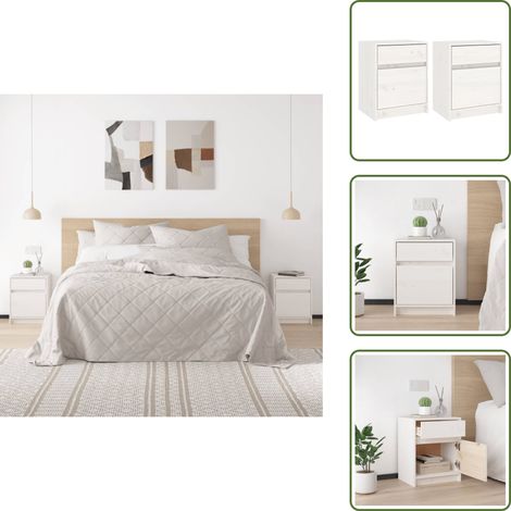 Nachtschränke 2 Stk. Weiß 40x31x50 cm Massivholz Kiefer - Massiver Holzmöbel - Kiefernholzmöbel - Weißes Schlafzimmer - Nachttisch Set - Wohnzimmer Dekoration (1/5)