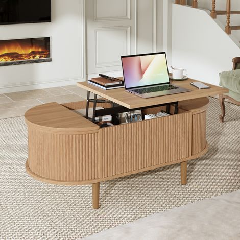 Table basse ovale réglable avec rangement, style vintage, meuble salon multifonctionnel, pieds en bois massif, table de séjour moderne avec espace de stockage. (1/5)