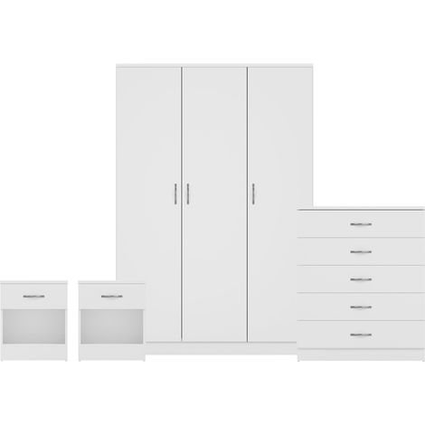 Riano 4 Piece Bedroom Set (1 Drawer Bedside Chest, 5 Drawer Chest, 3 Door Wardrobe), White (1/3)