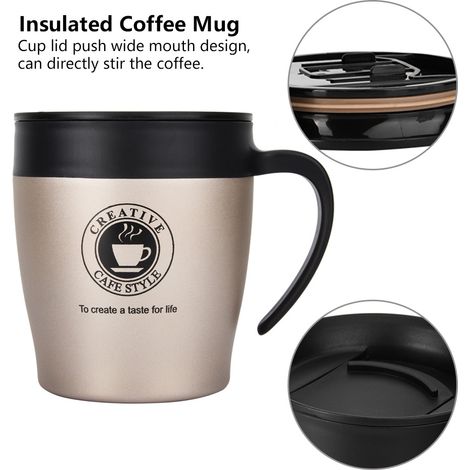 Mug isotherme en acier inoxydable avec poignée, couvercle et cuillère pour mélanger idéal pour le bureau et les voyages. (1/5)