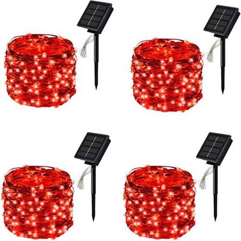 Lot de 4 guirlandes pour jardin étanche 20 m 200 LED pour extérieur, 8 modes de décoration terrasse en fil de cuivre lumineuses, solaires, rouge (1/5)