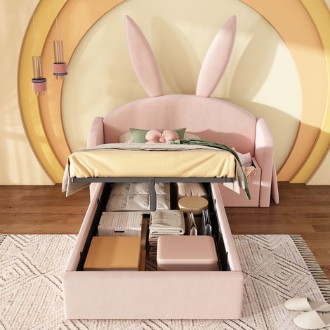 Lit enfant 90x190 cm avec rangement hydraulique et table de chevet, tête de lit oreilles de lapin, velours - rose (1/5)