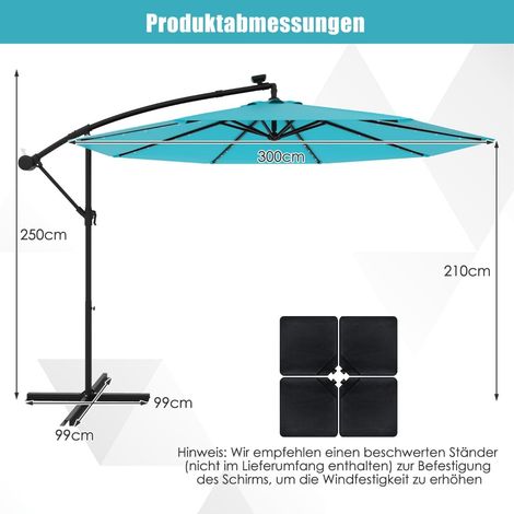 Sombrilla solar para patio con luces LED, 300 cm, color turquesa