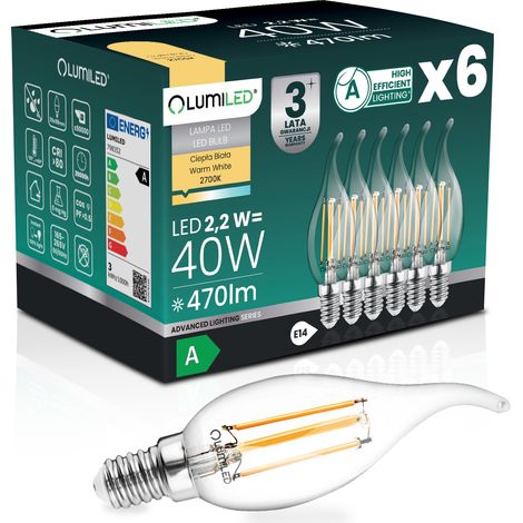 6x LED-Lampe E14 Kerze BA35 2,2 W 470 lm = 40 W 2700 K warmweiß 360° Glühfaden Klasse A LUMILED