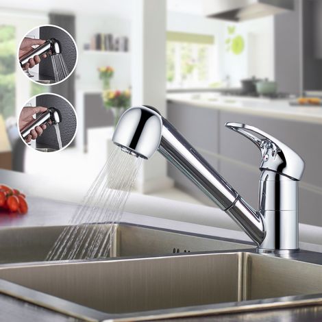 Küchenarmatur mit Ausziehbare Brause, Wasserhahn Küche Einhebelmischer mit 360° Drehbar, Hochdruck Mischbatterie Spültischarmatur mit 2 Wasserstrahlarten, Chrom (1/5)