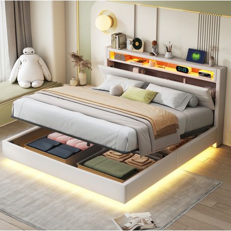 Cama tapizada 160x200 cm beige, lino y metal con almacenaje hidráulico y LED (1/5)
