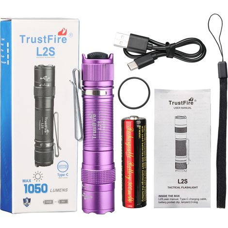 Lampe torche tactique LED (violette), rechargeable, portée de 175 mètres, étanche, batterie incluse, en alliage d'aluminium. (1/5)