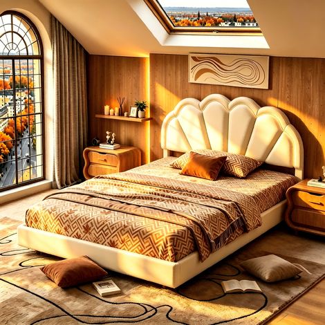 Lit double rembourré 140x200, lit Flottant avec Jambes cachées, Tête de élastique en forme de pétales coton, cadre de lit avec LED, 2 Personnes à Deux Places, beige, Velours, sans matelas, MDF (1/5)