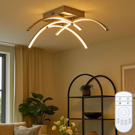Lampada da soffitto telecomando Lampada da soffitto soggiorno LED quadrato argento Plafoniera curva, dimmerabile, 4 aste, 1x LED 16.8W 1280Lm, LxPxH 48.5x48.5x15 cm