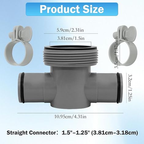 Pool Hose Connector T (3-Way) - 1.5" to 1.25" Adapter with O-Rings - Replacement for Filter Pump (1/4)