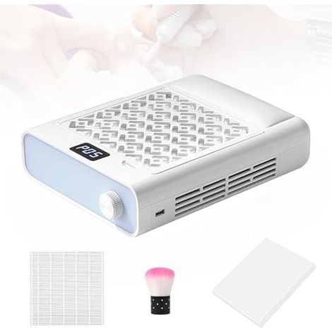 Aspirateur Ongle, 3600 Tr/Min Aspirateur Ongles avec 2 Filtre 10 Cotons Filtrants 1 Brosse à Poussière Collecteur de Poussière pour Ongles avec Réglage à Cinq Niveaux pour Salon de Manucure et Maison (1/5)