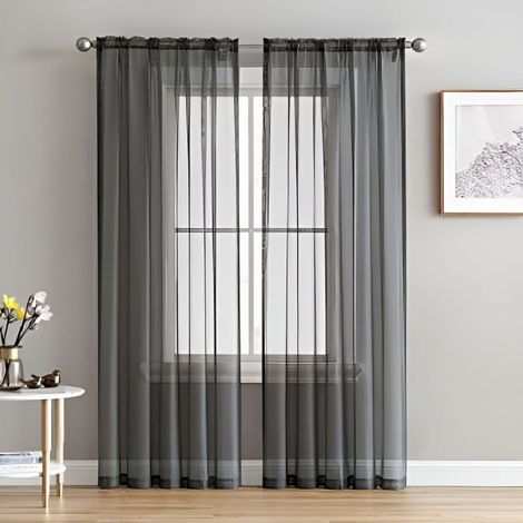 2 Panneaux rideau voilage gris foncé, poche à tringle, 140x213 cm, polyester, salon chambre (1/5)