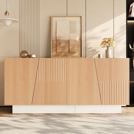 Buffet design 160x40,5x72 cm avec 4 portes, 2 espaces de rangement séparés, étagères réglables, pour salon,Naturel + Blanc (1/5)